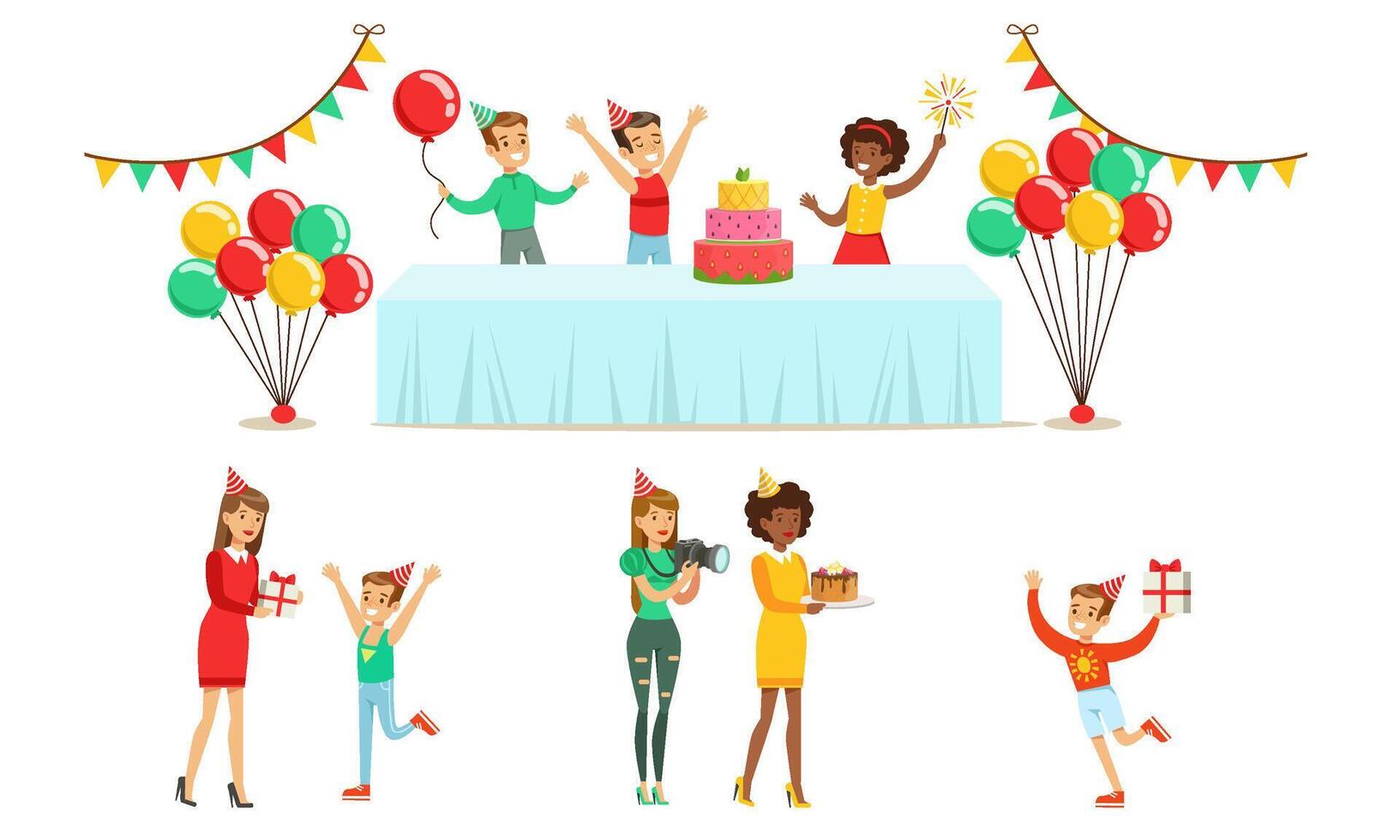 Kids Celebrating Birthday Set, Children Having Fun at Party with Birthday Cake, Gifts and Colorful Balloons, Professional Photographer with Camera Making Pictures of Kids Party Illustration vector