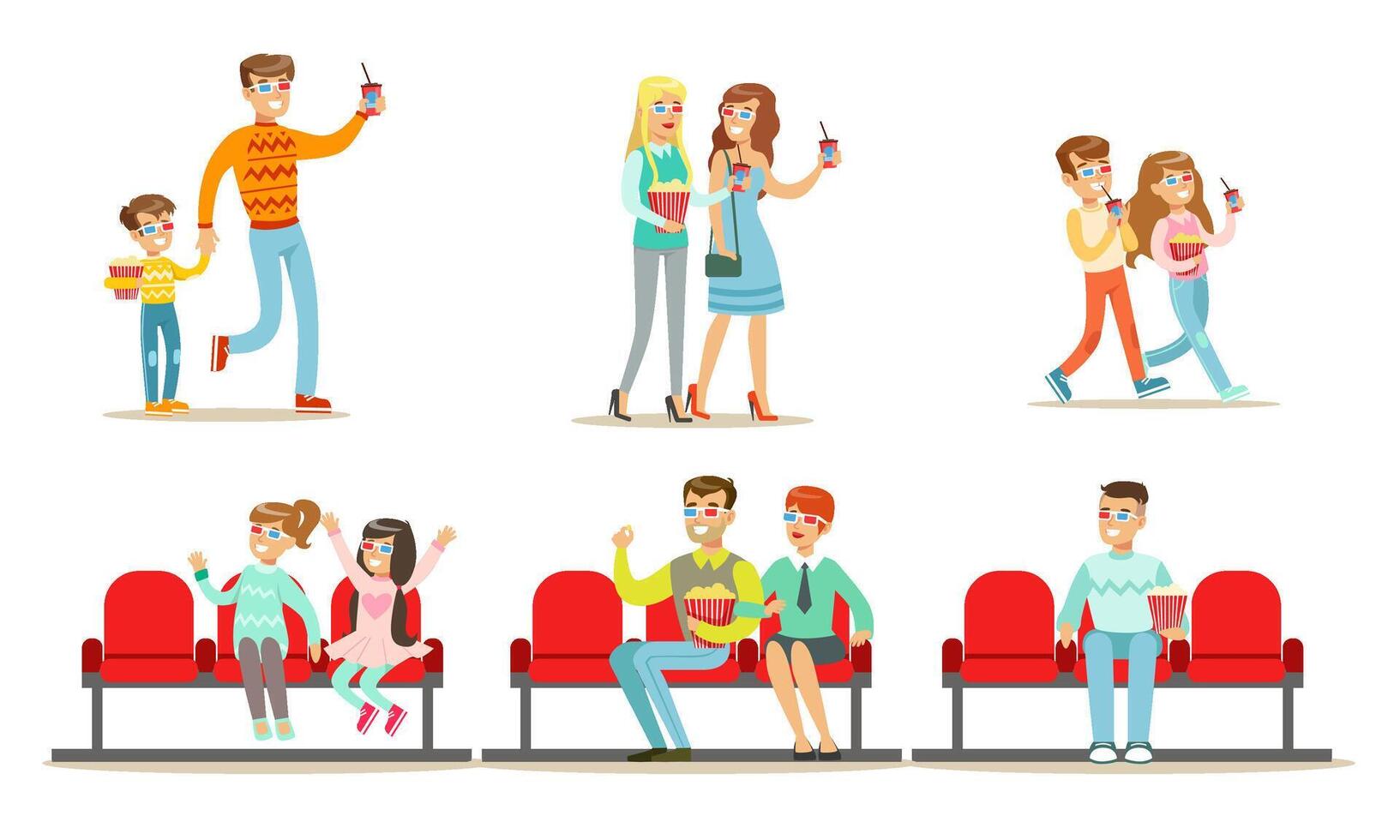 People in the Cinema Set, Men, Women and Kids Watching Movie in Cinema Theater in 3d Glasses Illustration vector