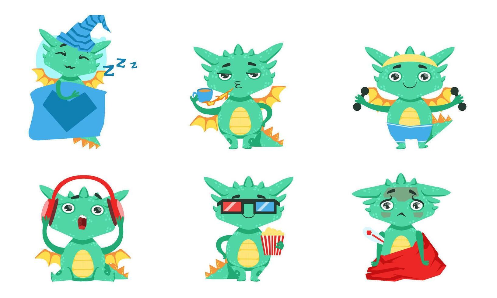 Cute Dragon Cartoon Character in Different Situations Set, Adorable Funny Fantastic Creature with Various Emotions Illustration vector