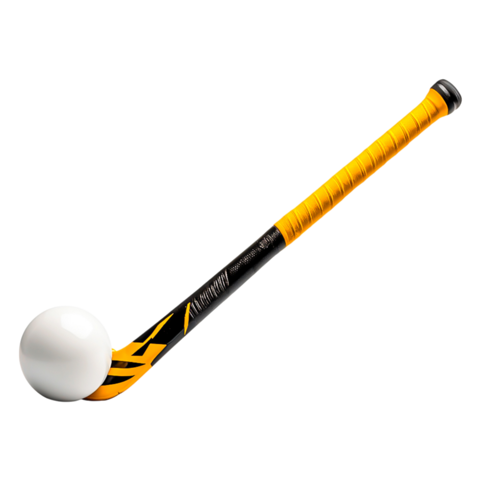 Bright Yellow Hockey Stick with White Ball on png
