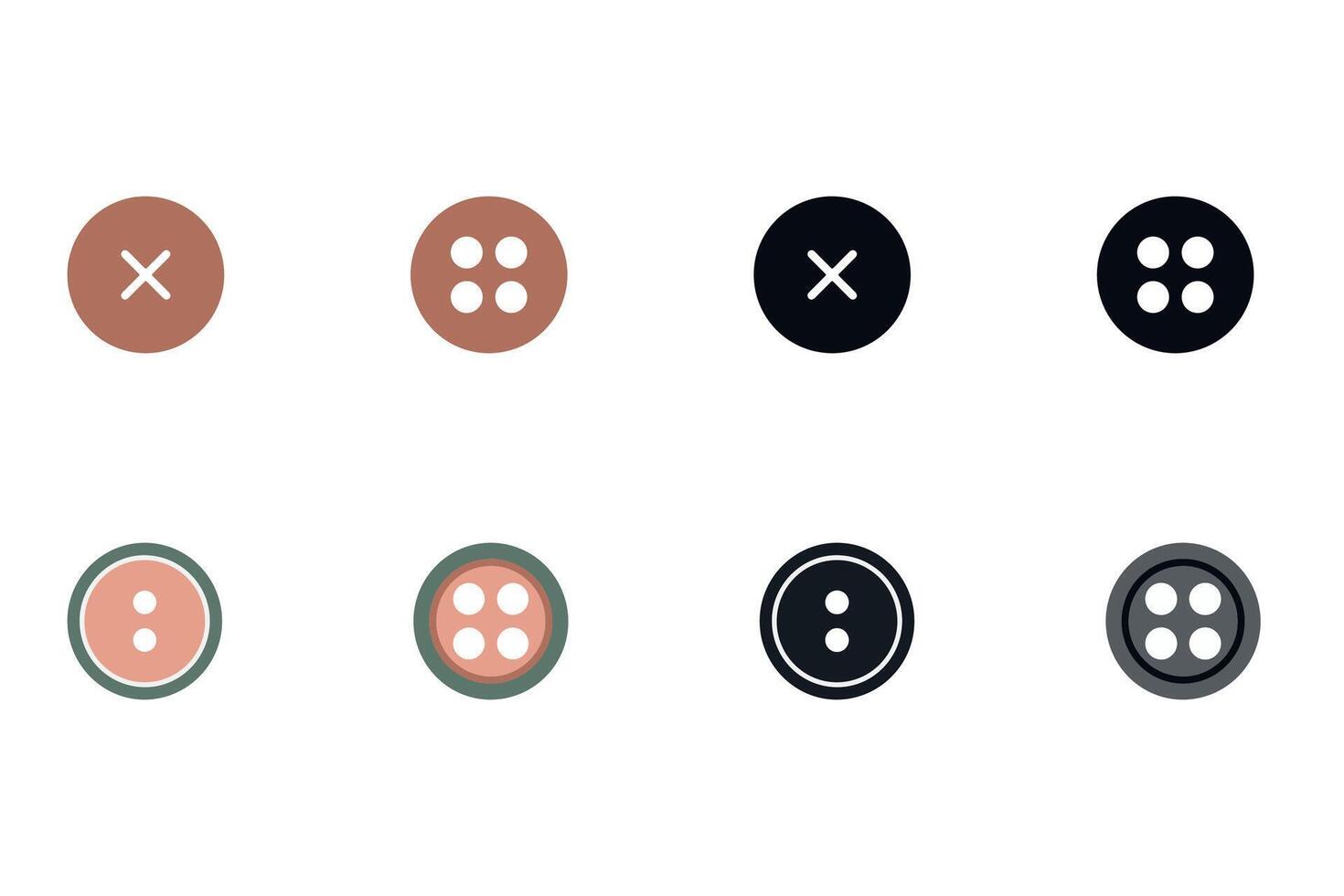 Flat colored and black and white round buttons with different holes. Clothes button icons. vector