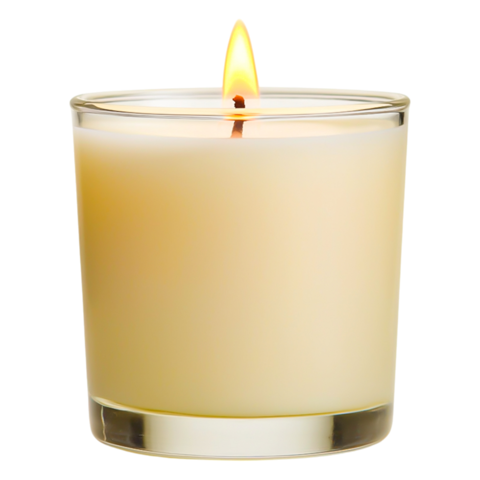 White Candle with Flickering Flame in Transparent Glass Holder png