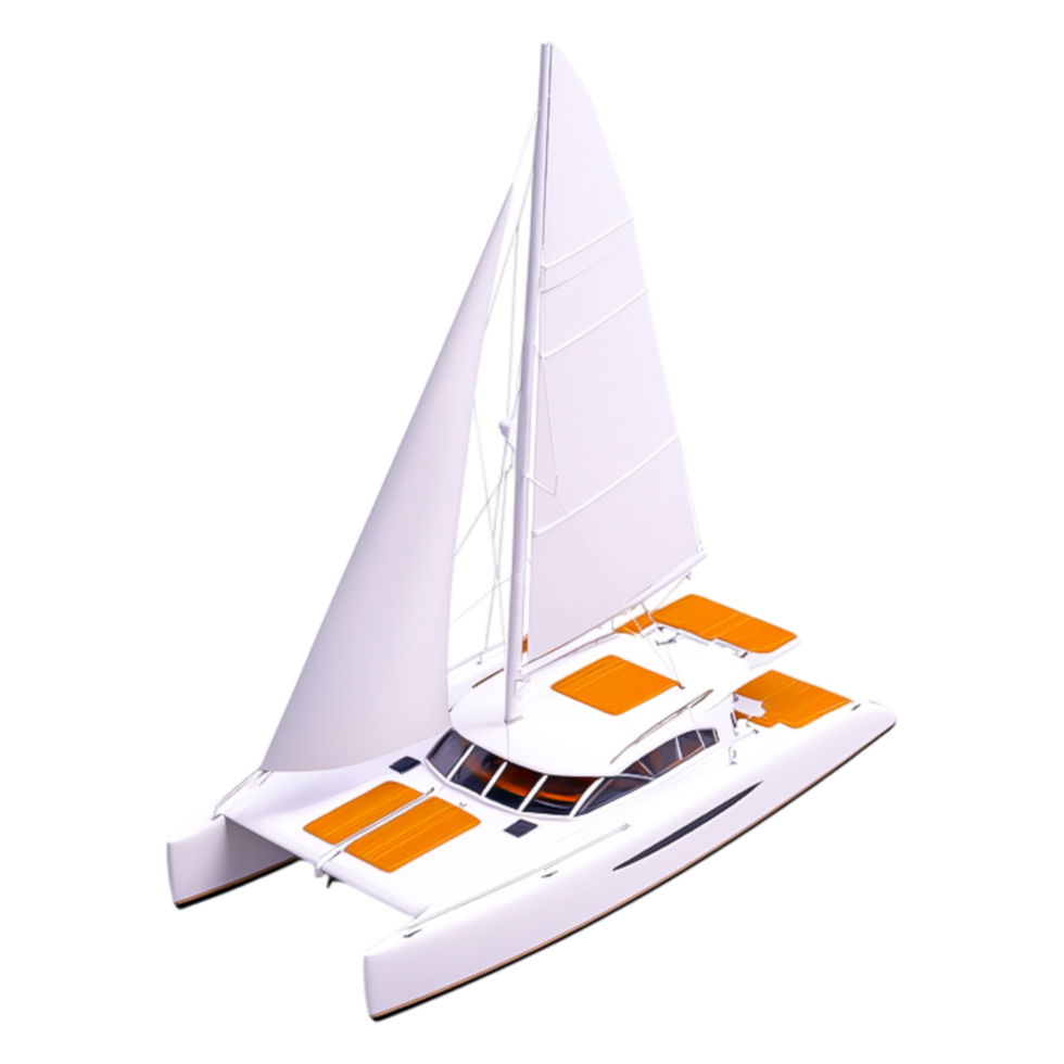 Elegant Catamaran with Bright Orange Accents on White Hull png