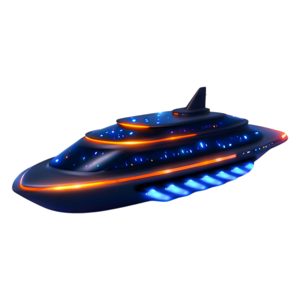 Futuristic Luxury Yacht with LED Lights and Sleek Design at Night png