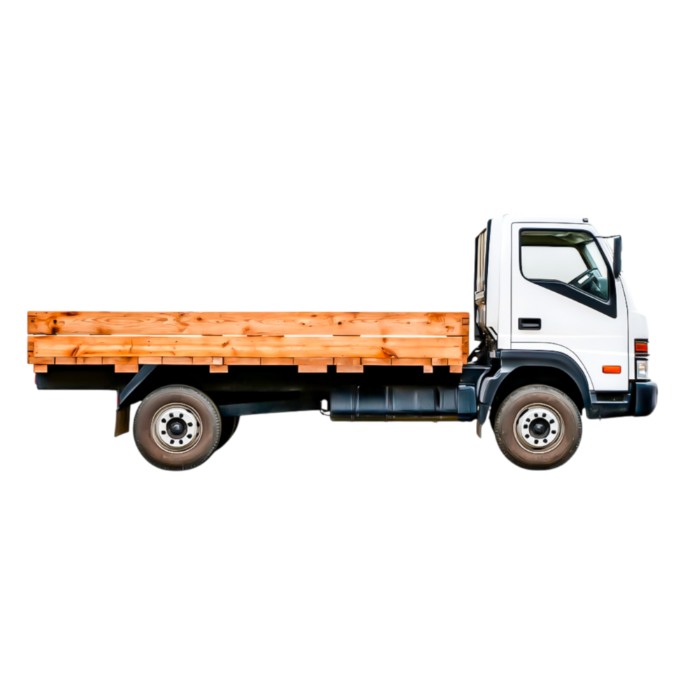 White Flatbed Truck with Wooden Bed in Profile View on png