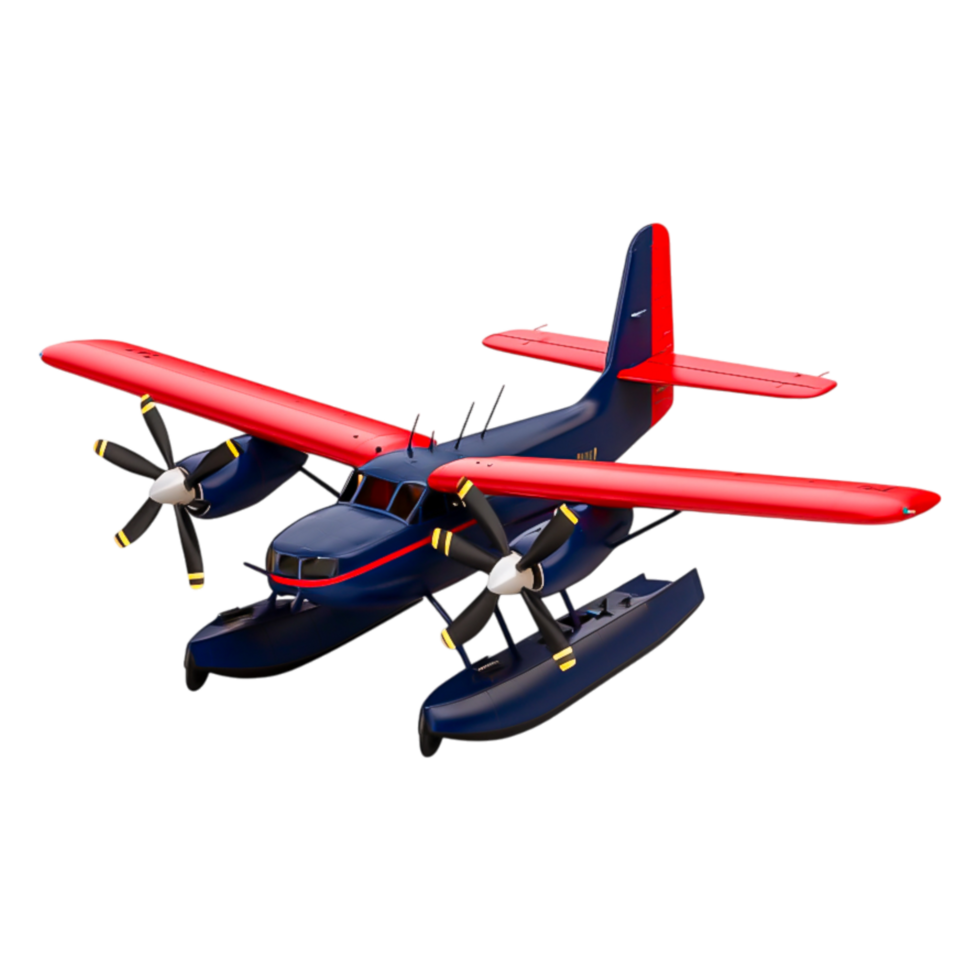 Vibrant Blue and Red Seaplane Flying Over Clear Water Surface png