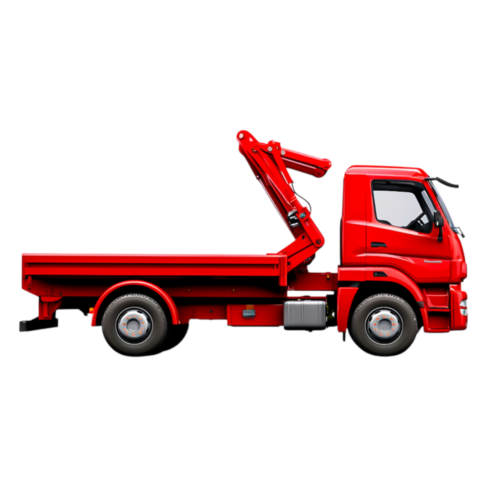Red Tow Truck in Action with Hydraulic Lift Mechanism Engaged png