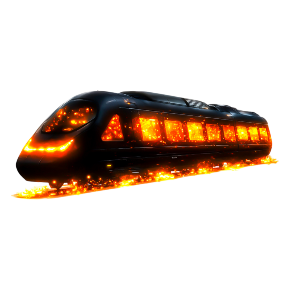 Futuristic High-Speed Train with Fiery Effects in Dark Environment png
