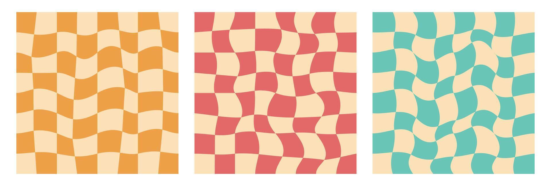 Groovy hippie checkered pattern set. Vintage psychedelic background in 70s style. illustration for home retro decor, poster, print, background, cover vector