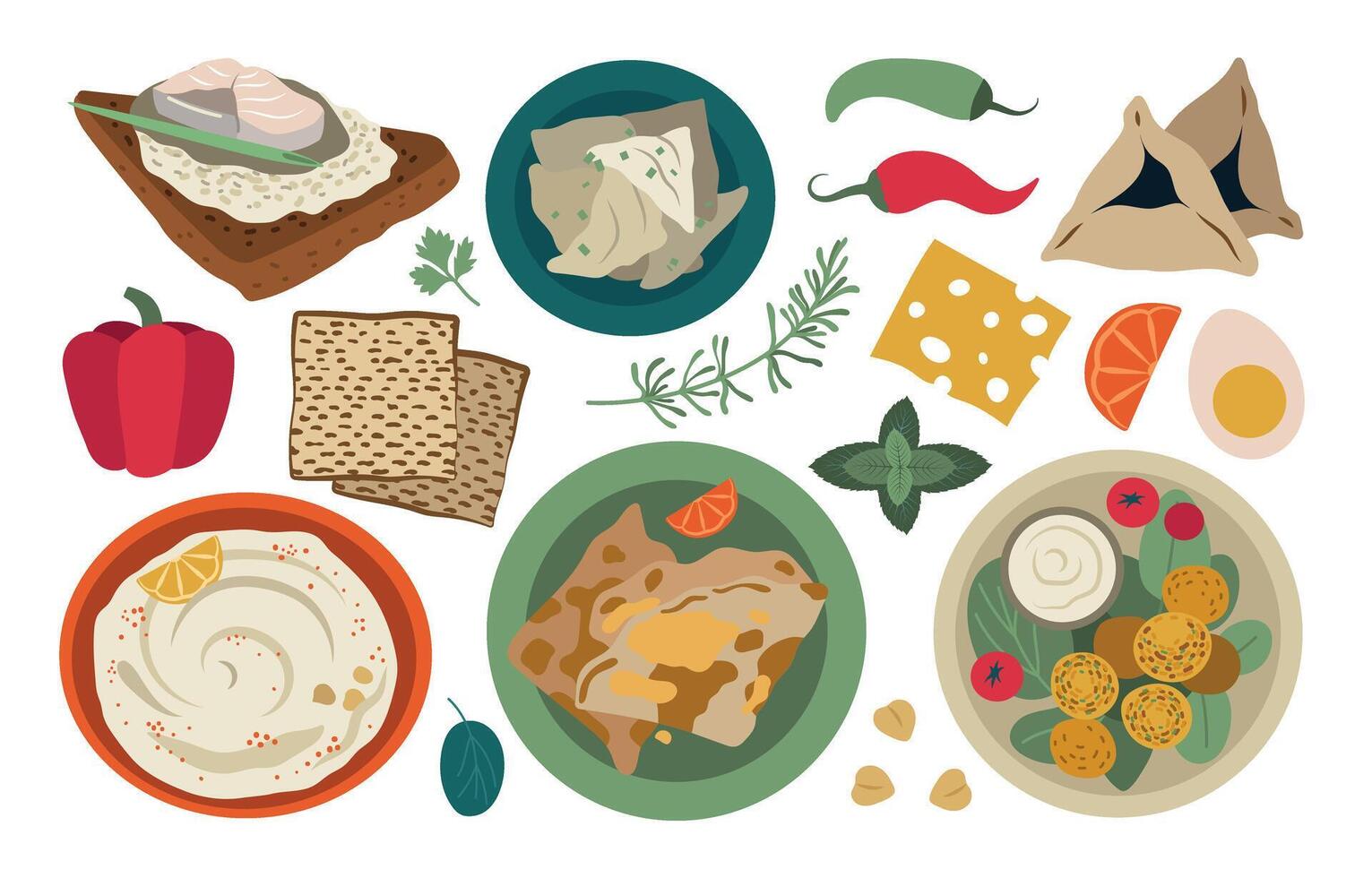 Jewish food set. Falafel, hummus, matzo, kreplach, hamantaschen and other Jewish dishes. illustration in clip art style. Each element is isolated vector