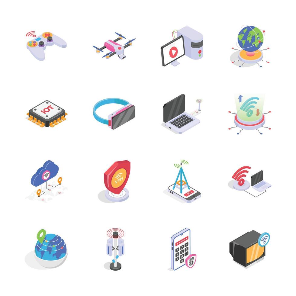 Isometric icons showcase various modern technologies. vector