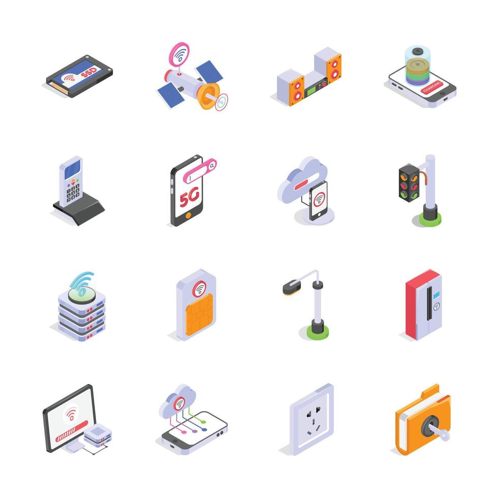 A collection of isometric icons depicting various modern technologies and connectivity devices. vector