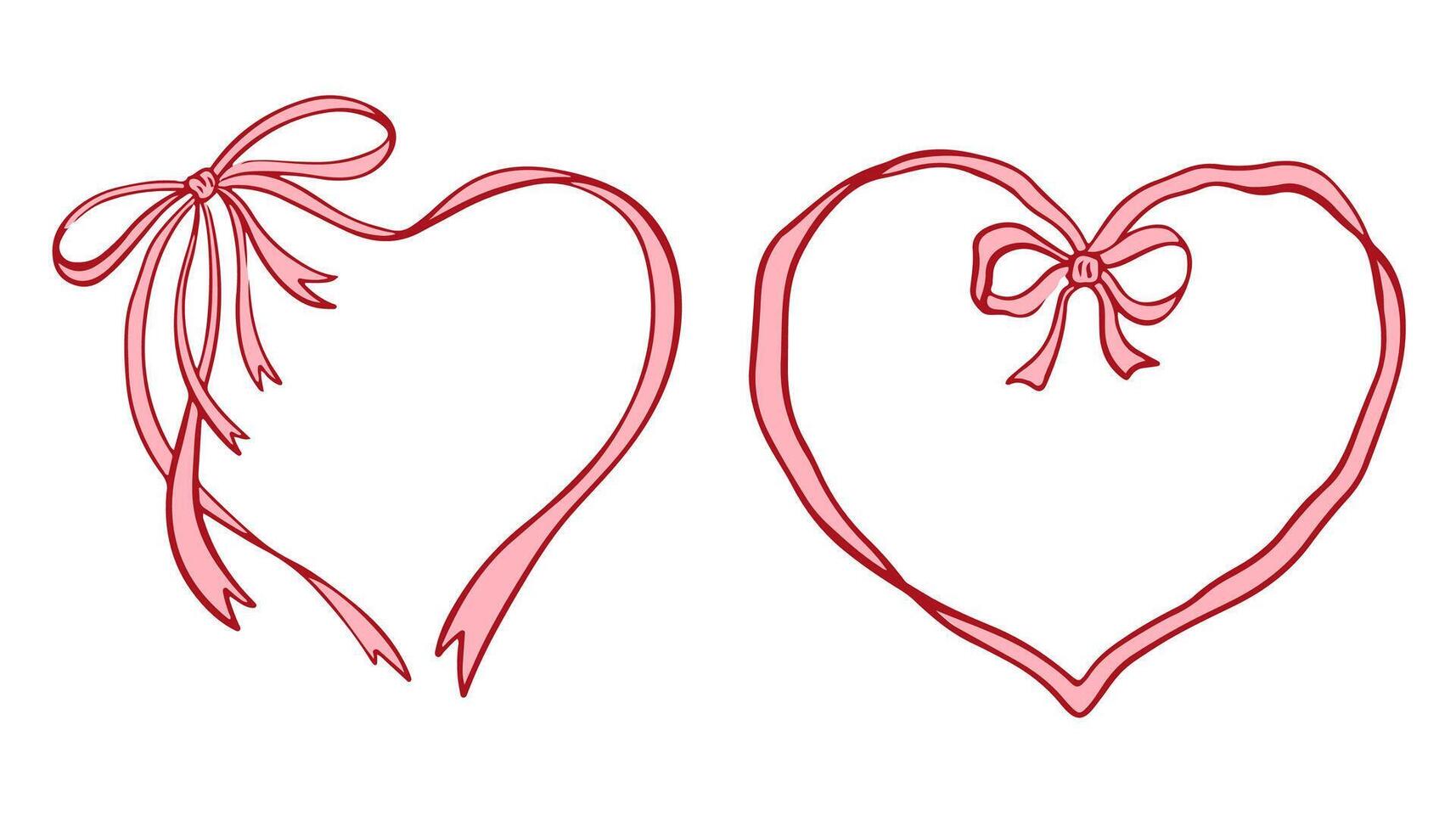Pink hand drawn cute line doodle heart ribbon frames with tie bow. Vintage bows frame for greeting cards, wedding and birthday party, picnic invitations in cute elegant coquette style. vector