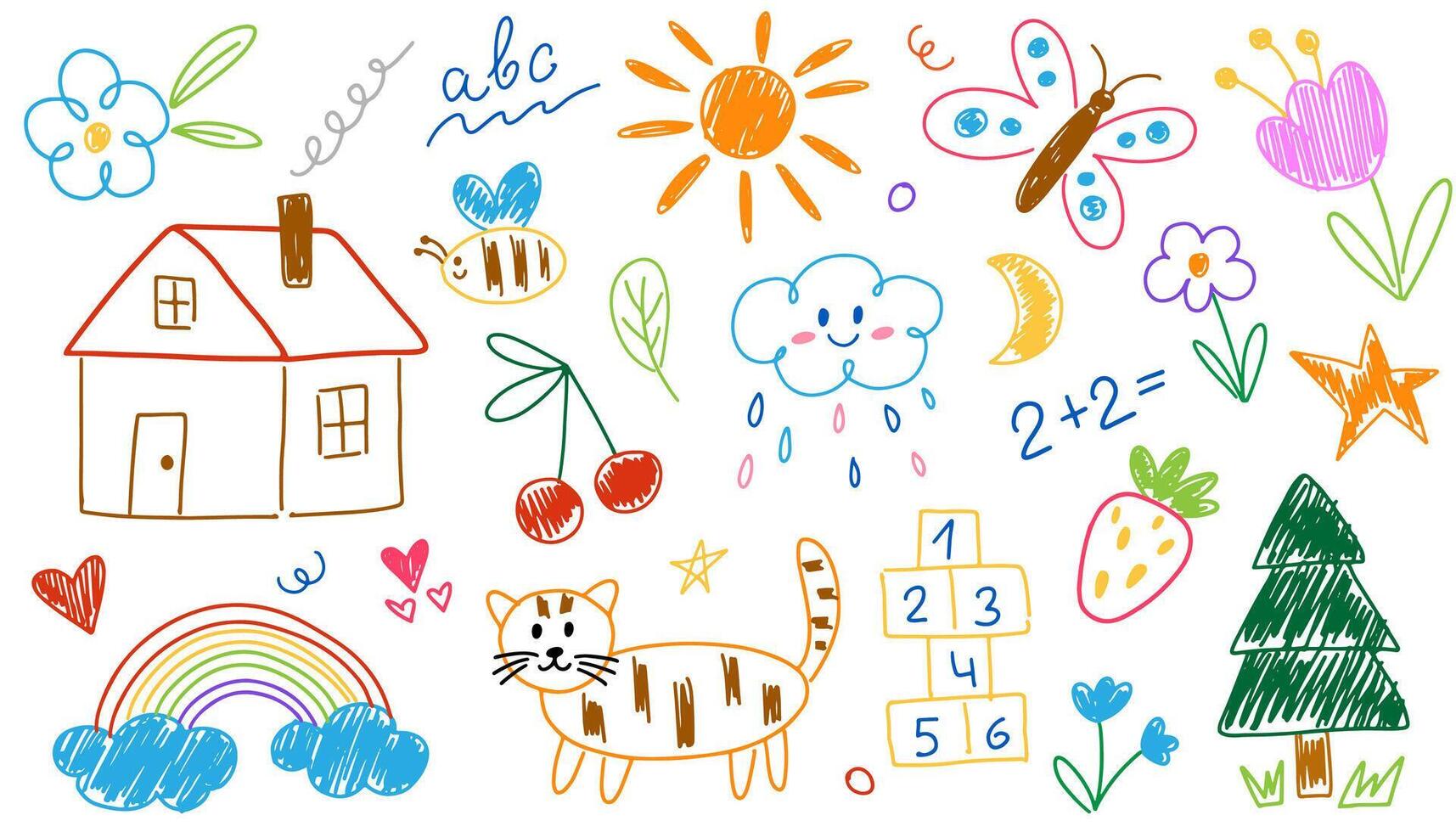 Cute kid scribble set in childish crayon doodle drawings. Hand drawn doodle sketch elements with animals, characters, sun, trees, houses, rainbow, other. illustration isolated vector