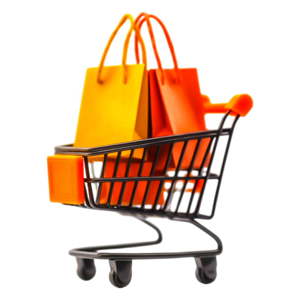 Colorful Shopping Bags in a Black Shopping Cart with Wheels png