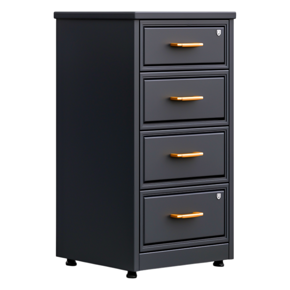 Modern Four-Drawer File Cabinet with Black Finish and Gold Handles png