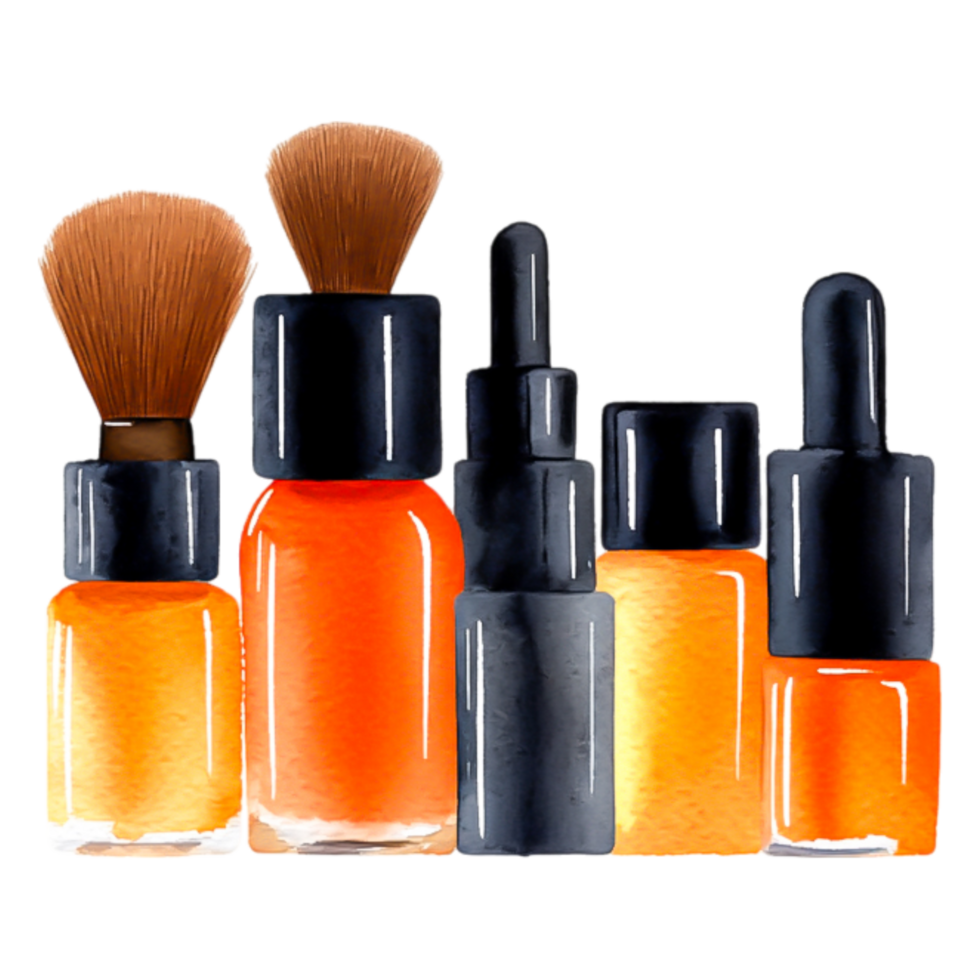 Elegant and Colorful Cosmetic Bottles with Brushes and Droppers png
