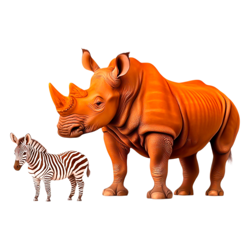 Colorful Rhinos and Zebras Standing Together in Vibrant Landscape png