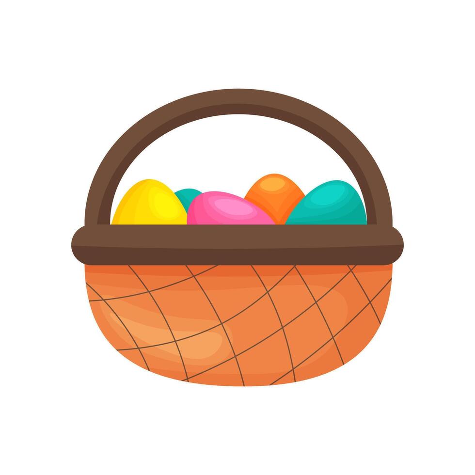 Basket with Easter eggs. In bright colours. In cartoon style. stock image isolated on white background. vector