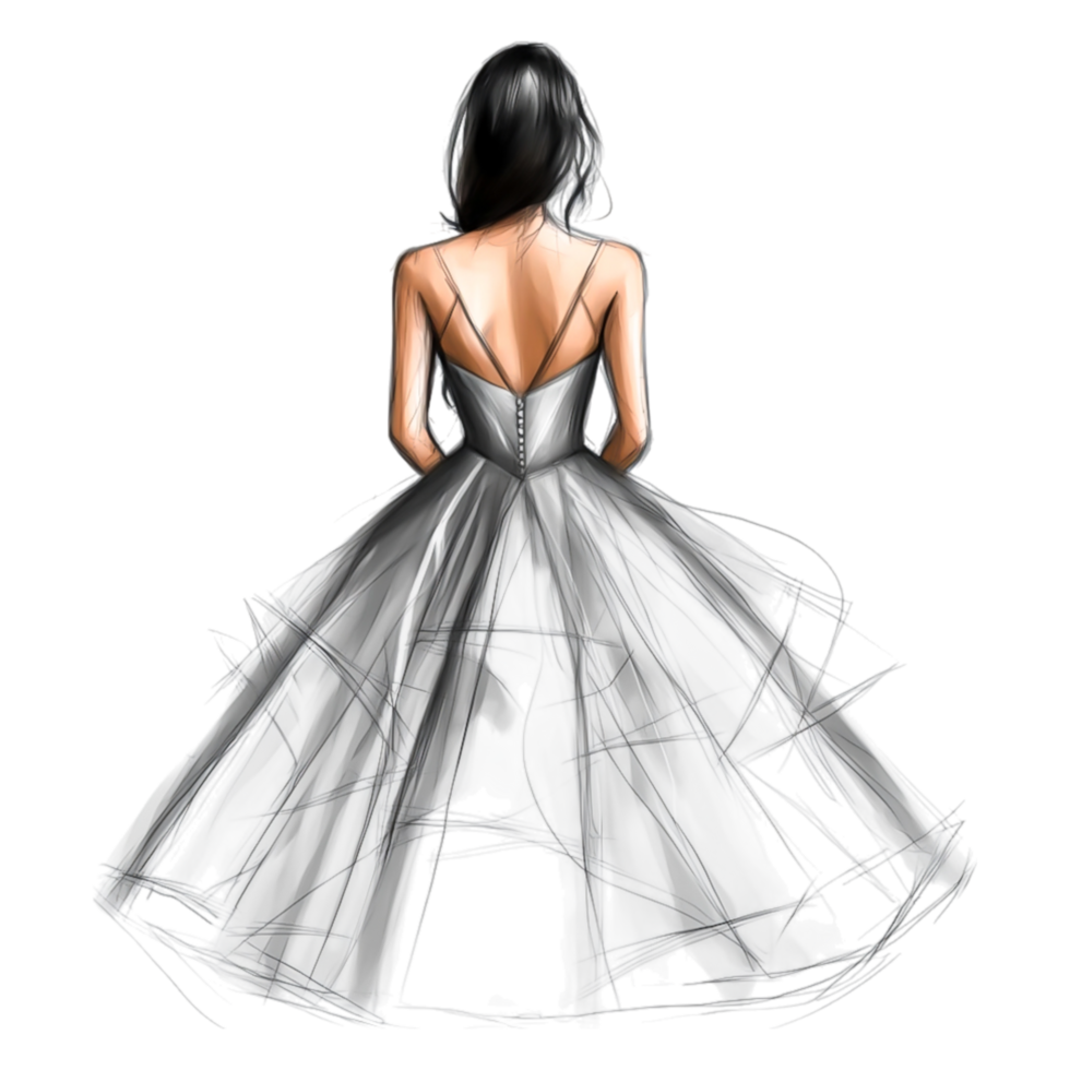 Elegant Fashion Illustration of a Woman in a Flowing Dress Design png