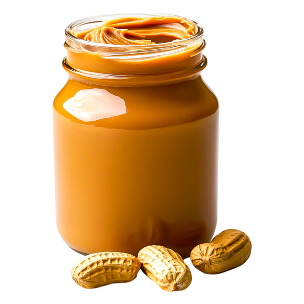 Creamy Peanut Butter in Glass Jar with Whole Peanuts Nearby png