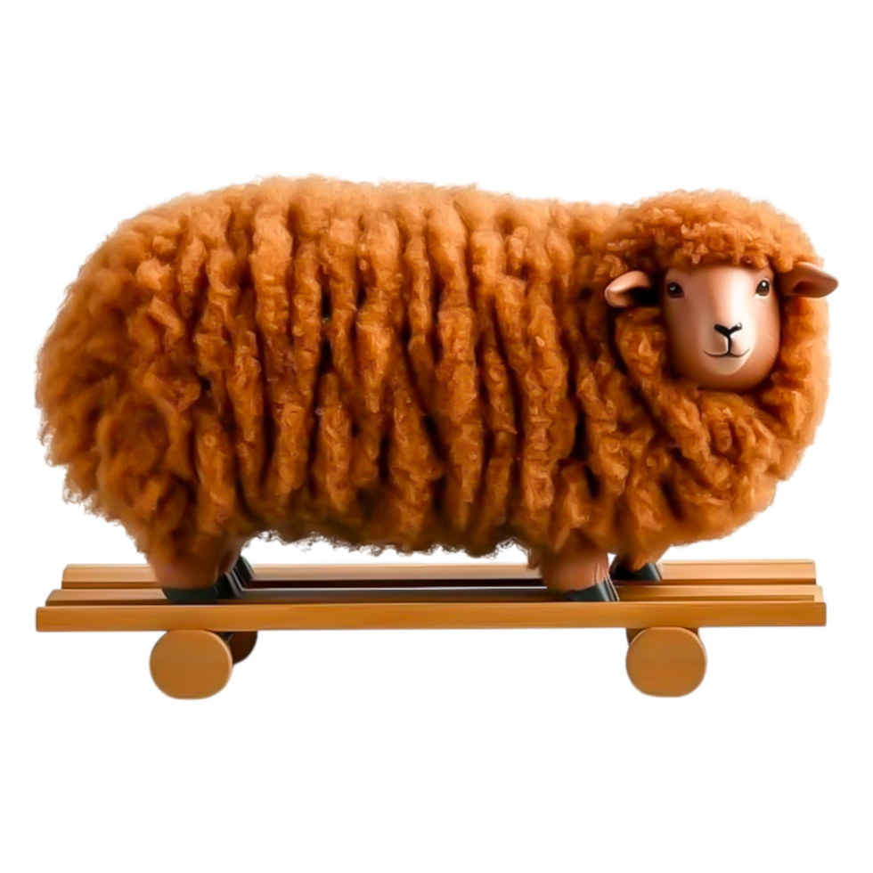 Cute Brown Sheep on Wooden Base with Soft Fluffy Texture png