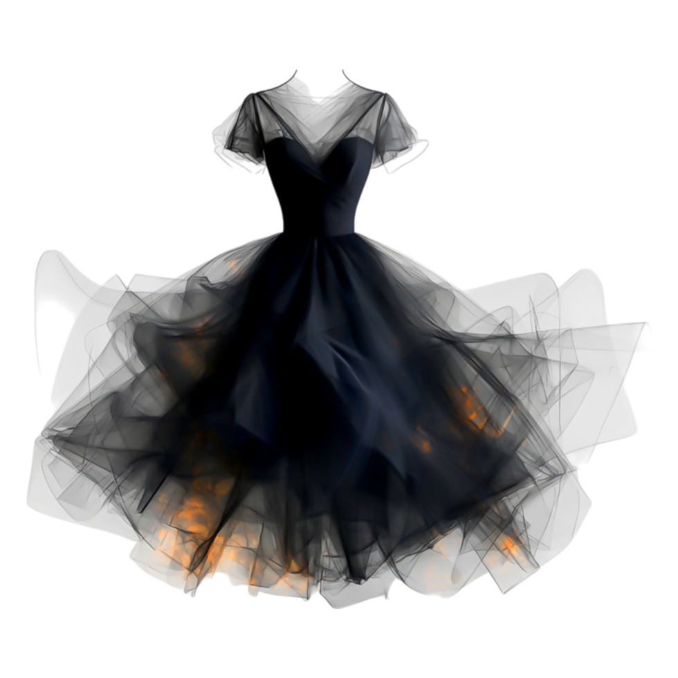 Elegant Black Tulle Dress with Flowing Layers and Subtle Glow png