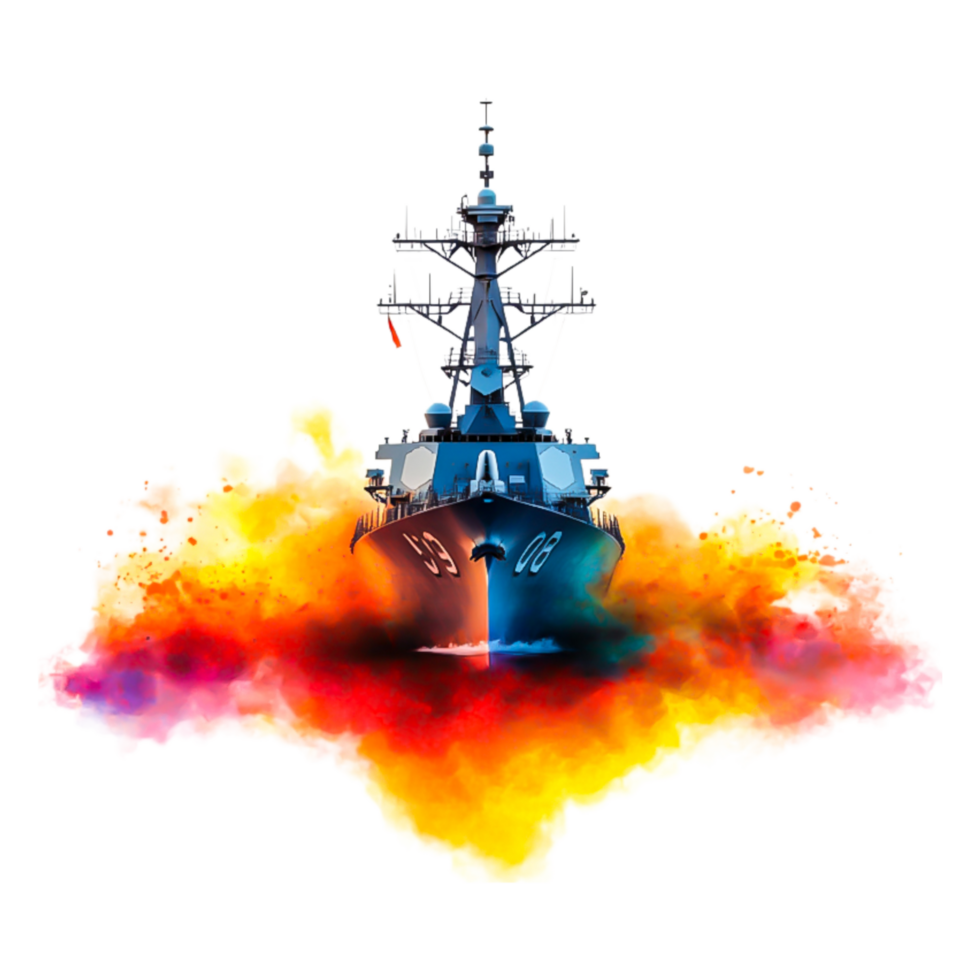 Modern Naval Destroyer with Vibrant Smoke and Colorful Explosion png