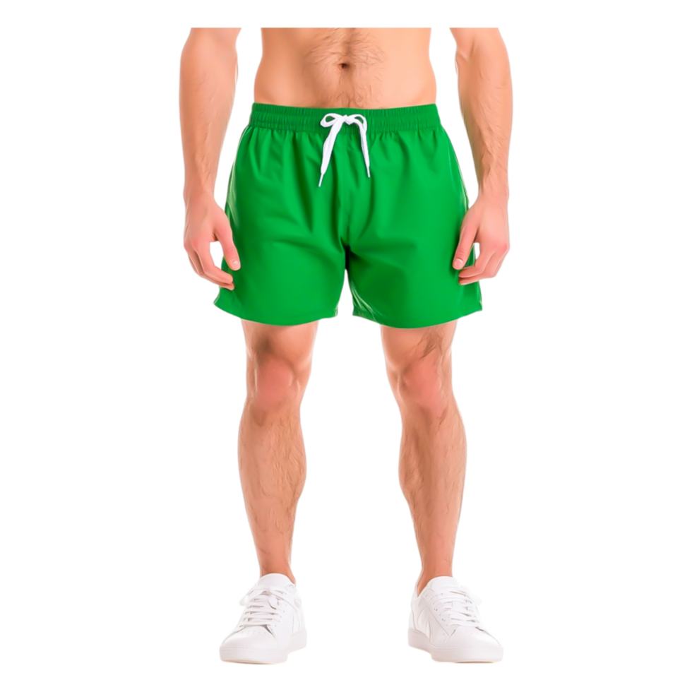 Man in Bright Green Swim Shorts Posing Outdoors in Summer Sunlight png