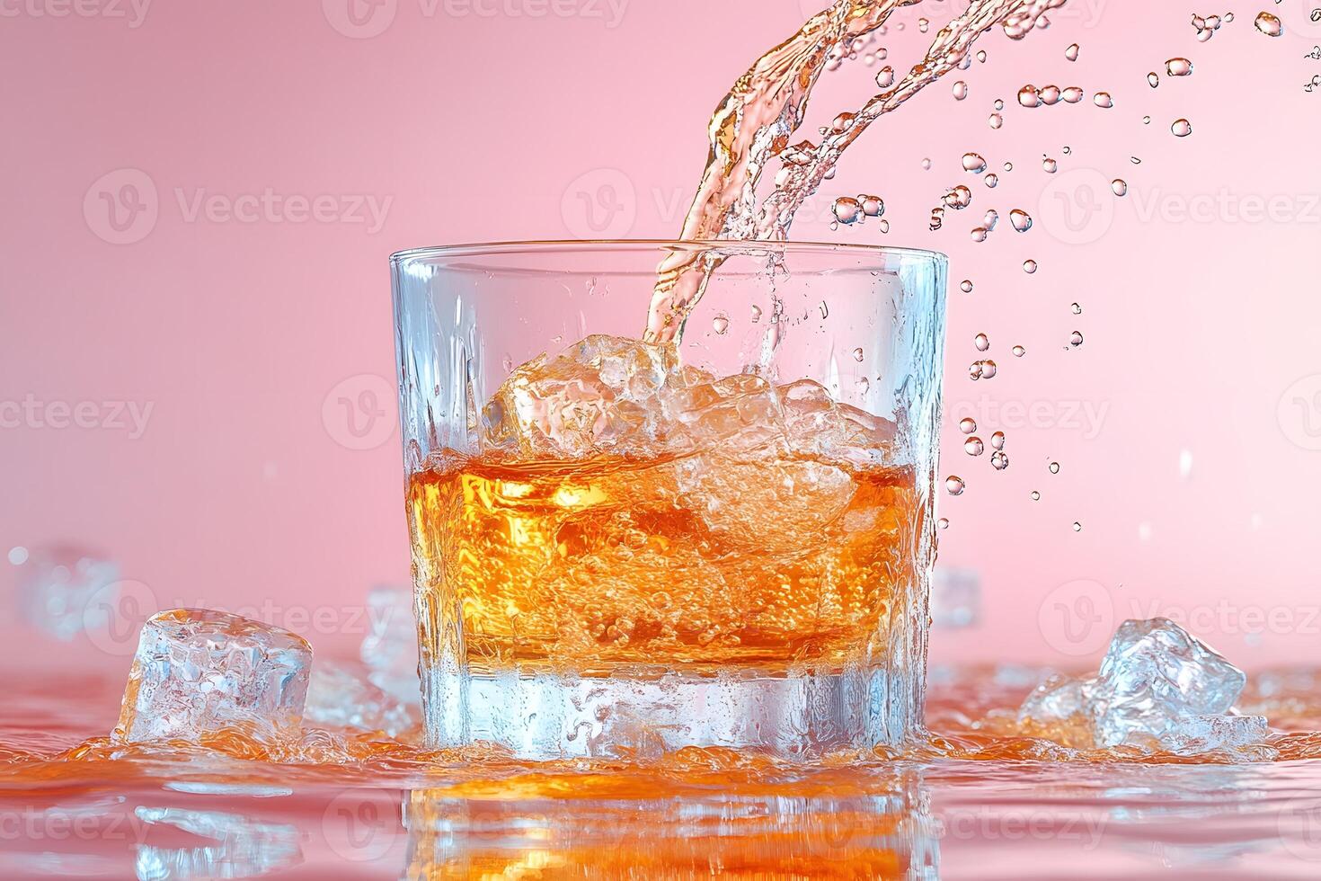 Refreshing Whiskey Splash with Ice Cubes on Pink Background for Beverage Promotion photo