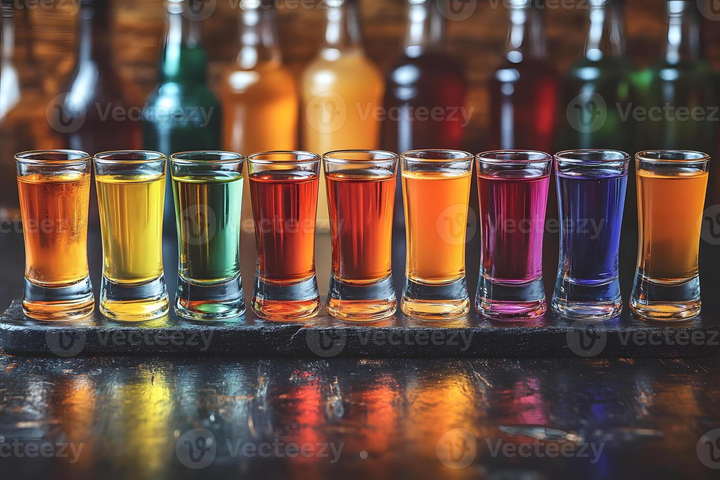 Vibrant Rainbow Shot Glasses Display Against Blurred Bottle Background photo