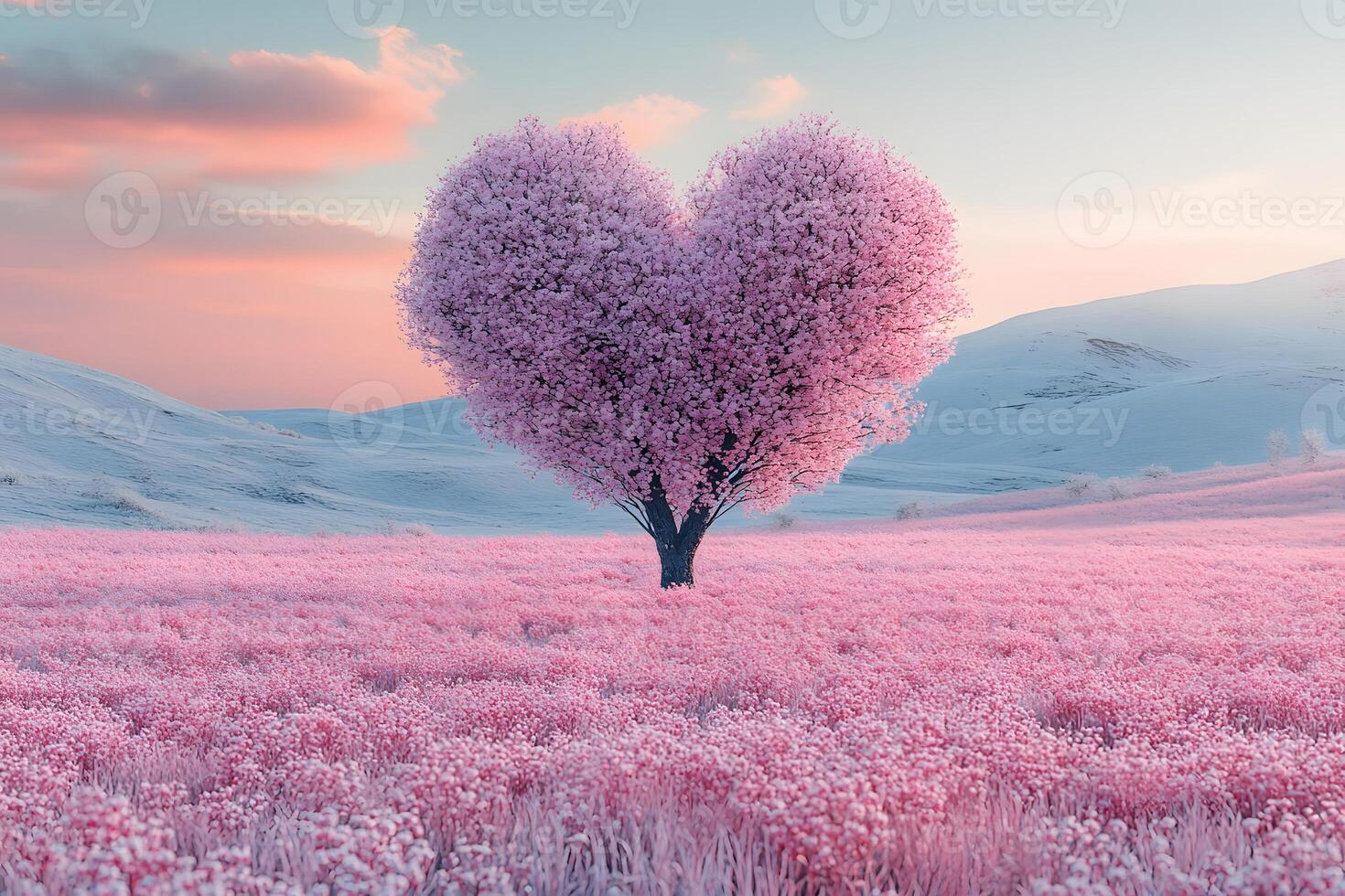 Dreamy Heart-Shaped Tree in Blossom on Snowy Meadow for Romantic Spring Landscape Designs photo