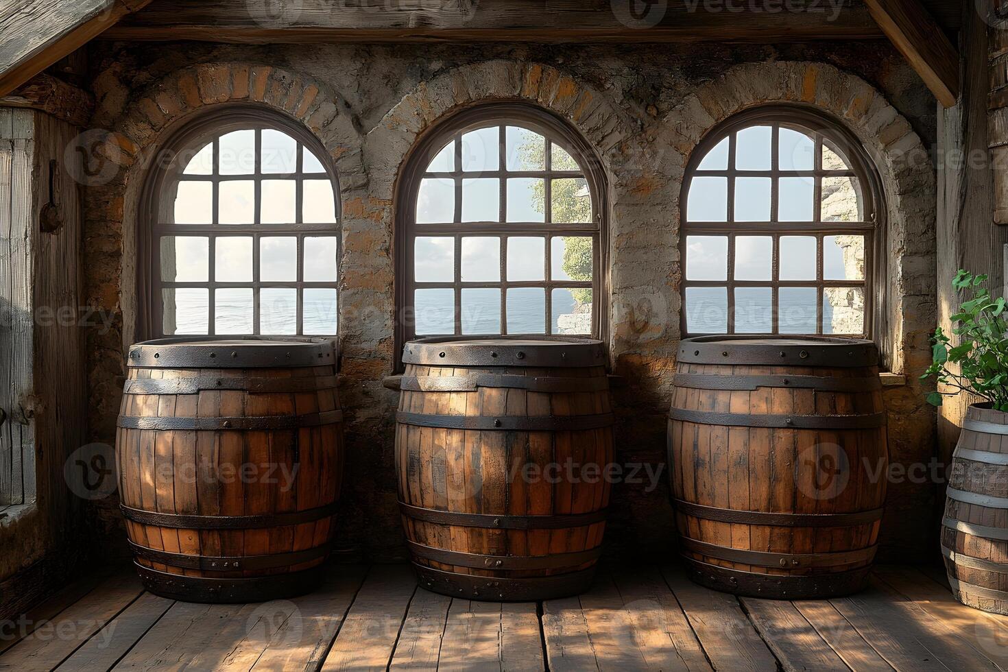 Rustic Wooden Barrels in Sunlit Stone Warehouse by the Sea photo