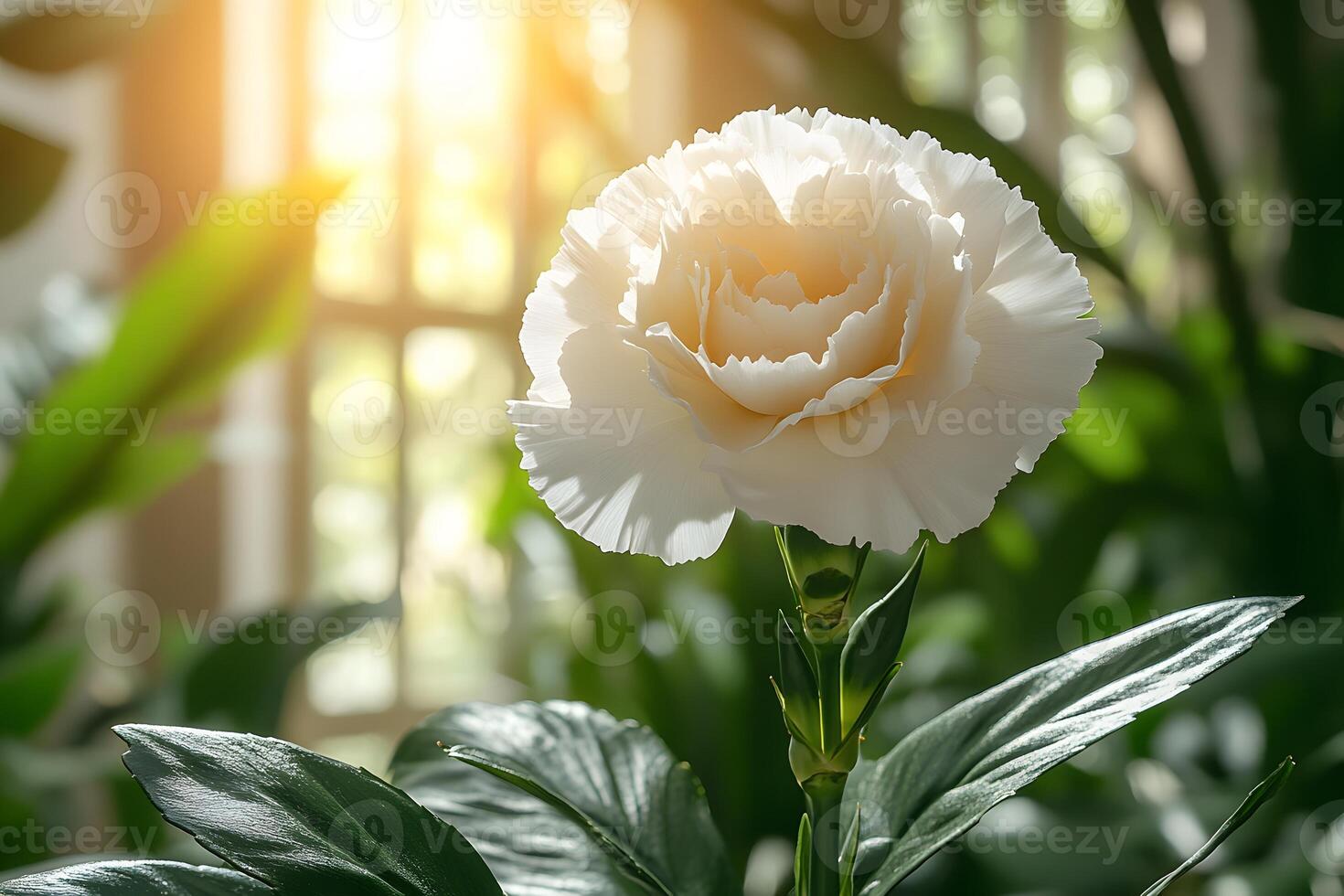 Sunlit White Rose in Lush Greenhouse Setting for Nature Print Design photo