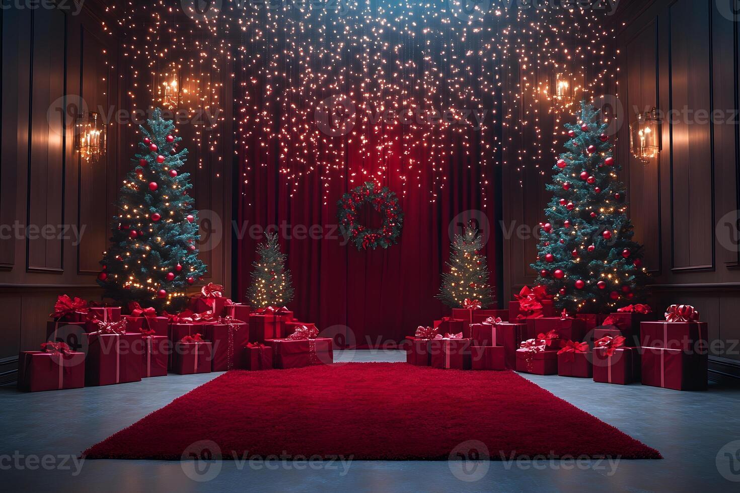 Elegant Christmas Interior with Red Decor and Fairy Lights - Ideal for Holiday Card Design photo
