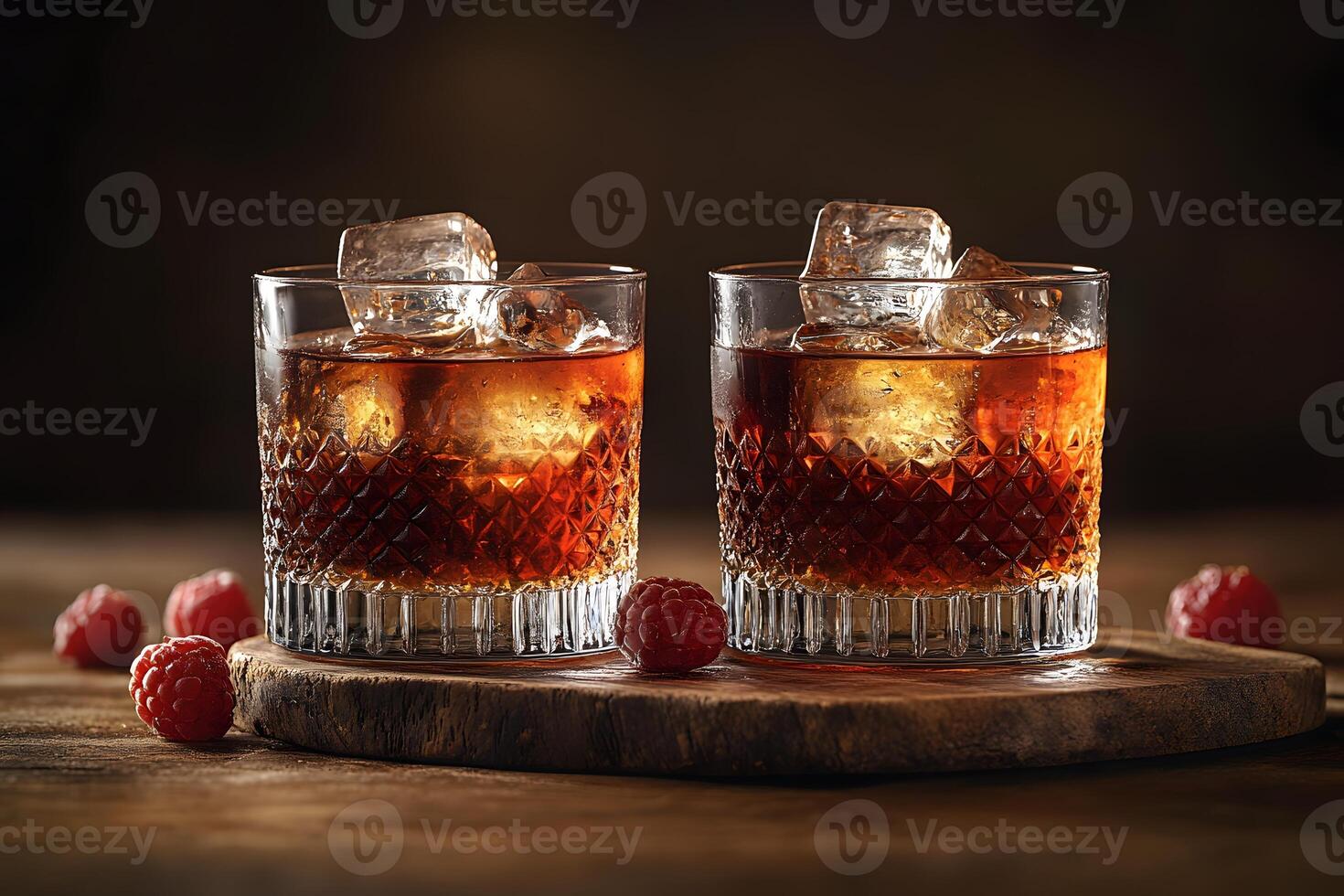 Luxurious Whiskey Cocktails with Ice and Raspberries on Rustic Wooden Table photo