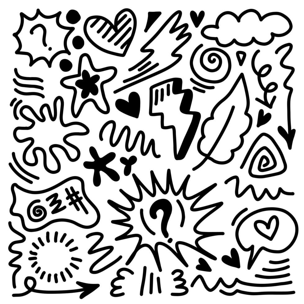 Doodle set of hand drawn elements. Doodle heart, arrow, star, thunderbolt decoration symbol set icon. vector