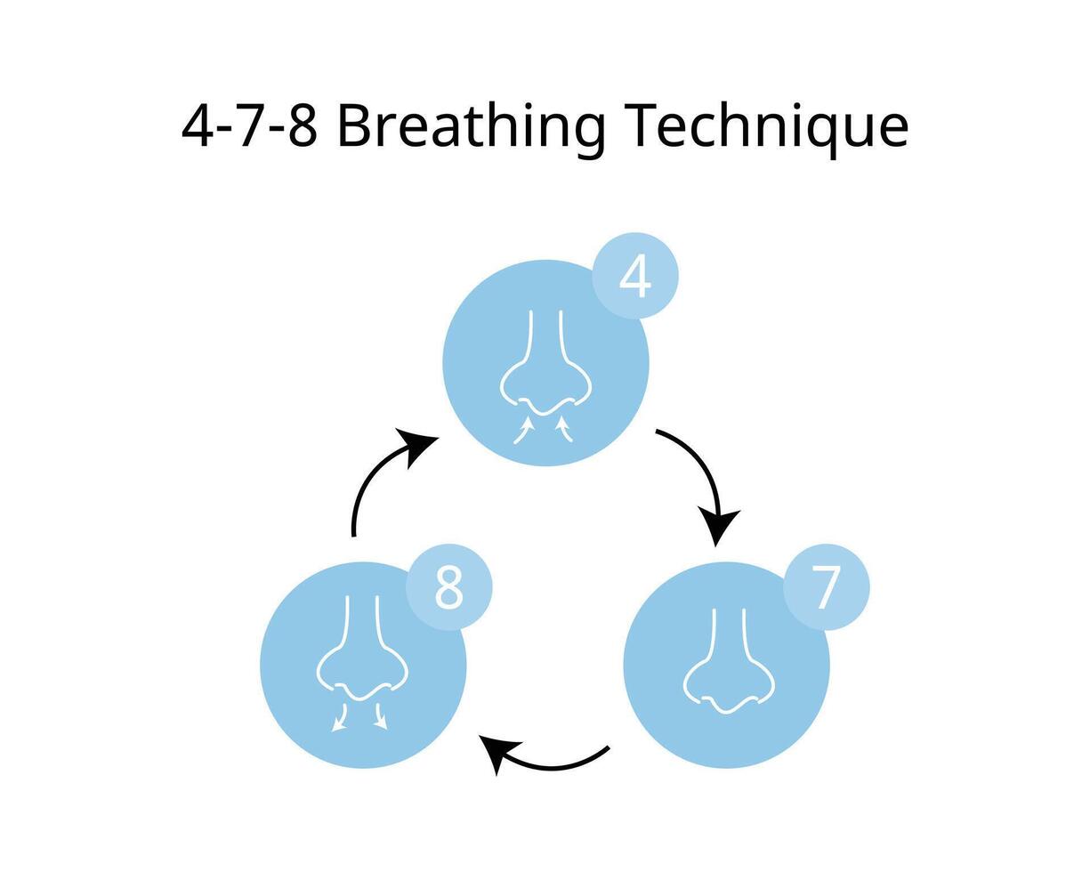 4-7-8 Breathing Technique from inhale, hold and out hale to reduce anxiety vector