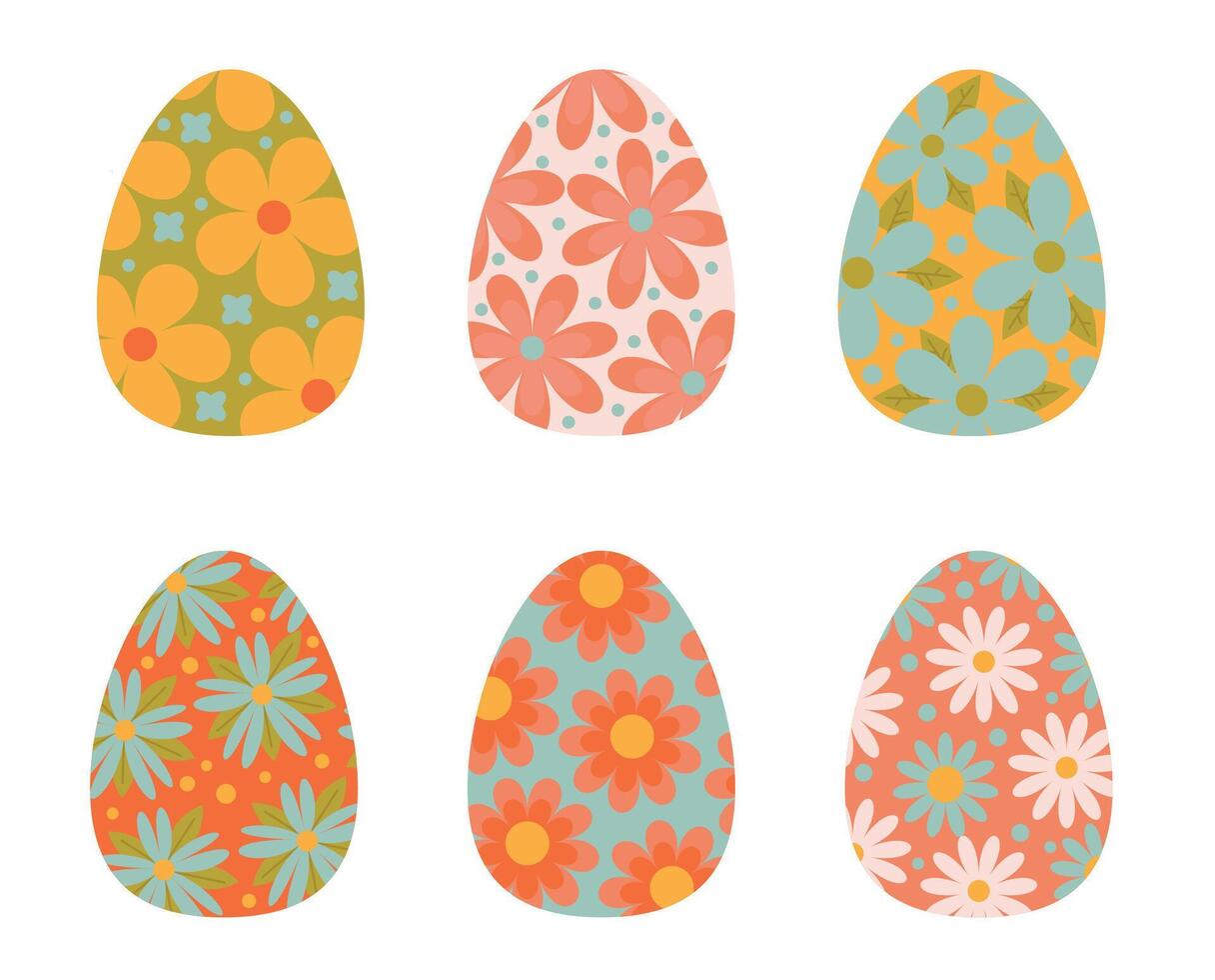 A set of bright Easter eggs with floral ornaments vector