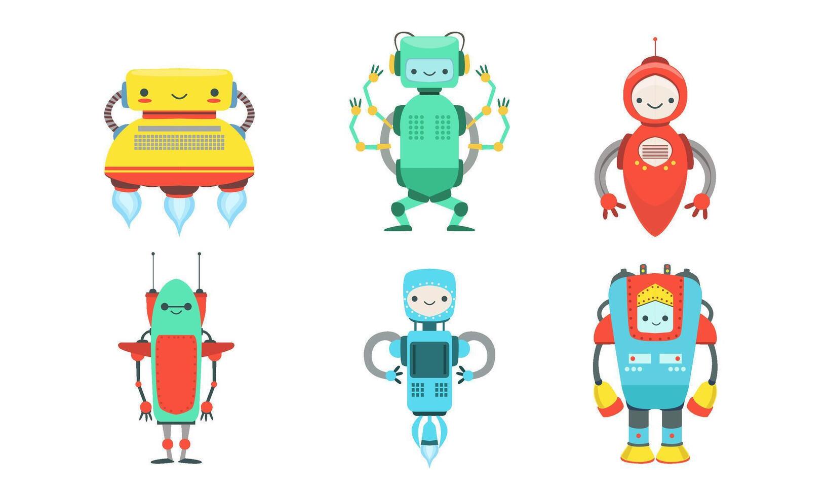 Set of cartoon multi-colored robots. illustration. vector