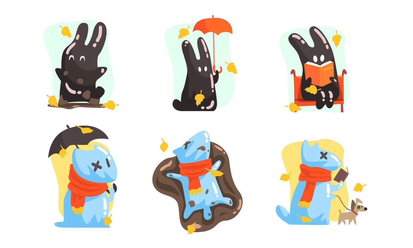 Unusual characters in the form of a dog made of water and a hare of mud. illustration. vector