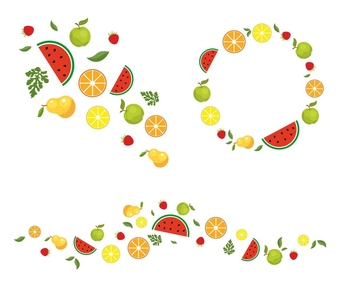 Frames and patterns from colored, sweet, ripe fruits on a white background vector