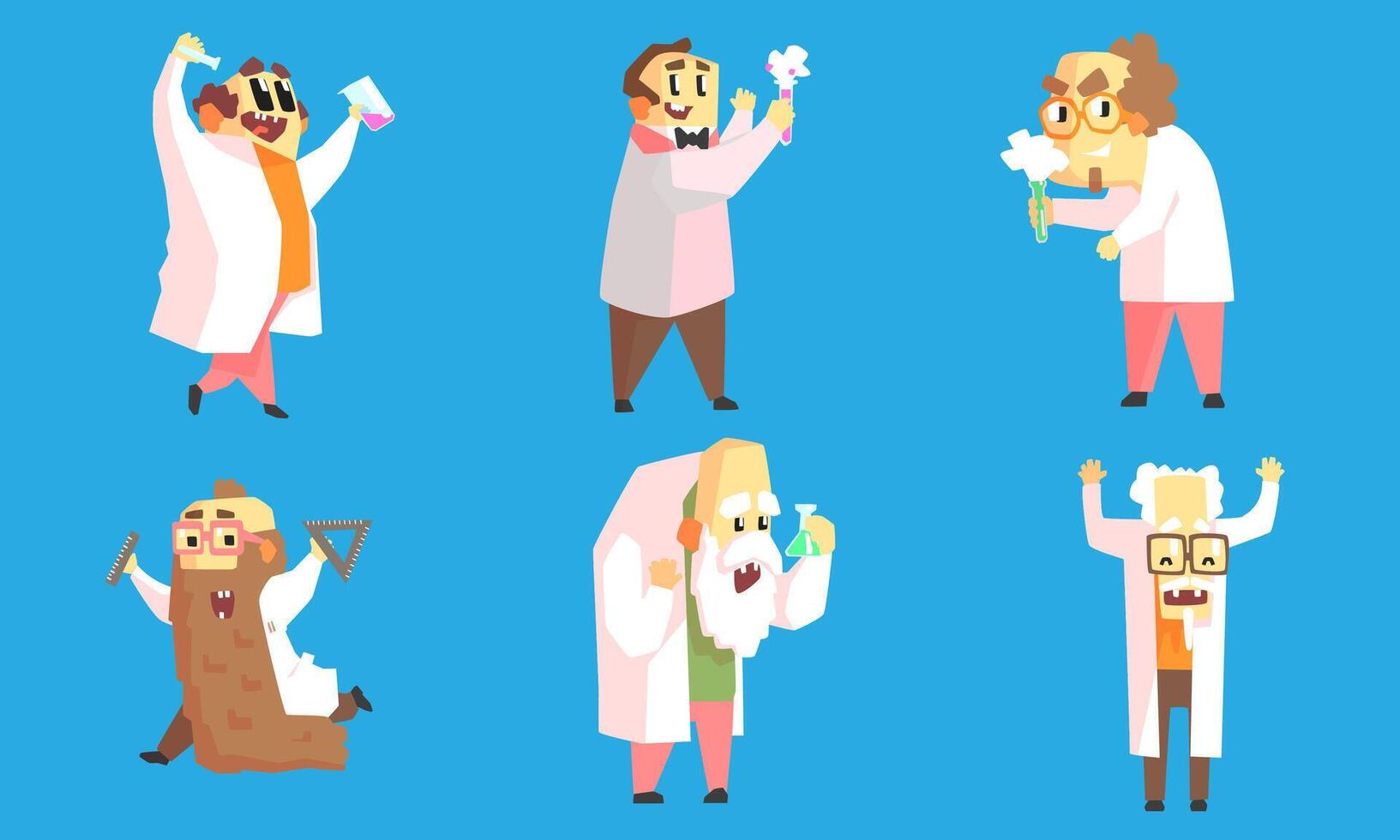 Collection of images of eccentric professors. illustration on a blue background. vector