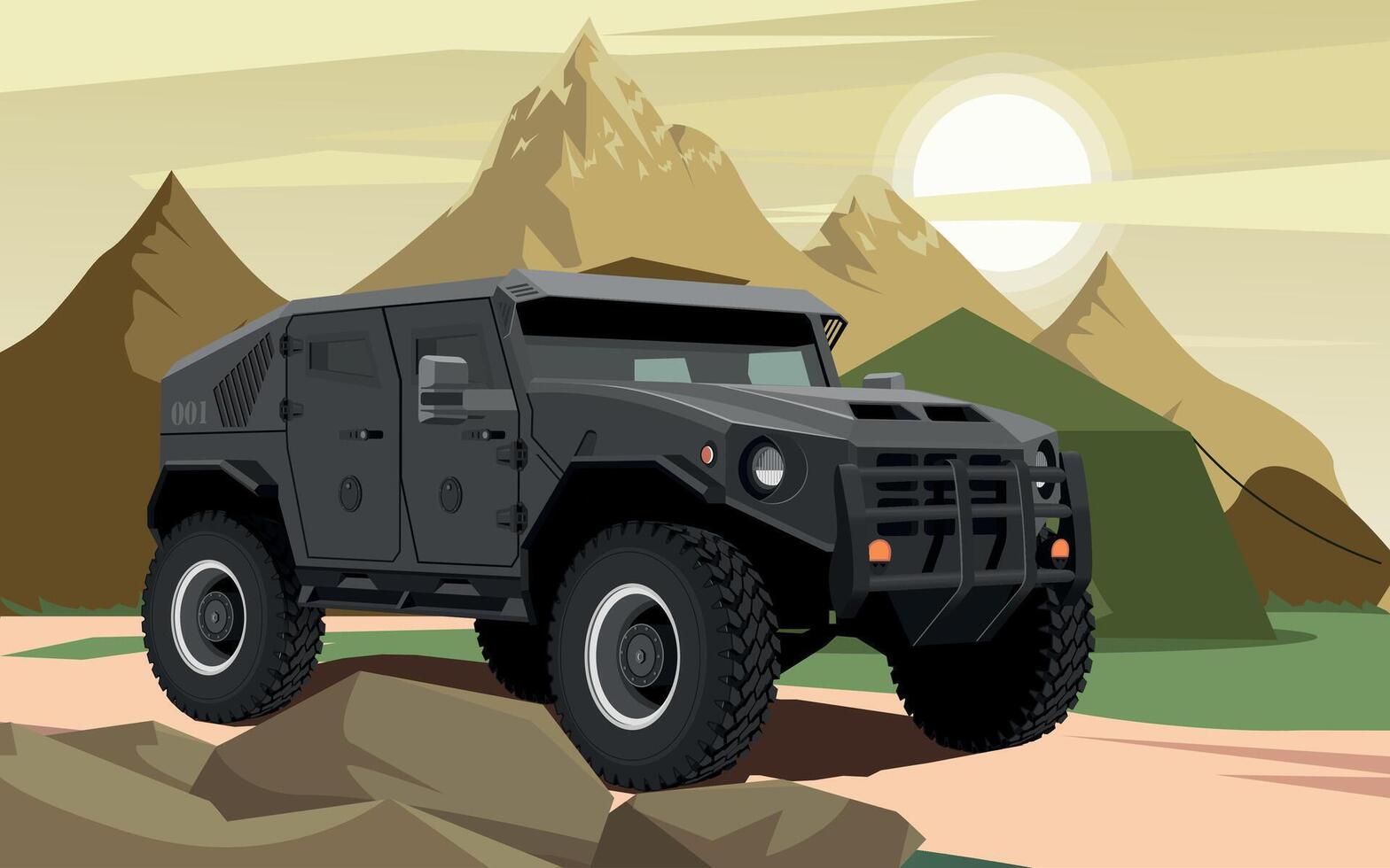 armored army vehicle green color against the background of a military base in the rocks vector
