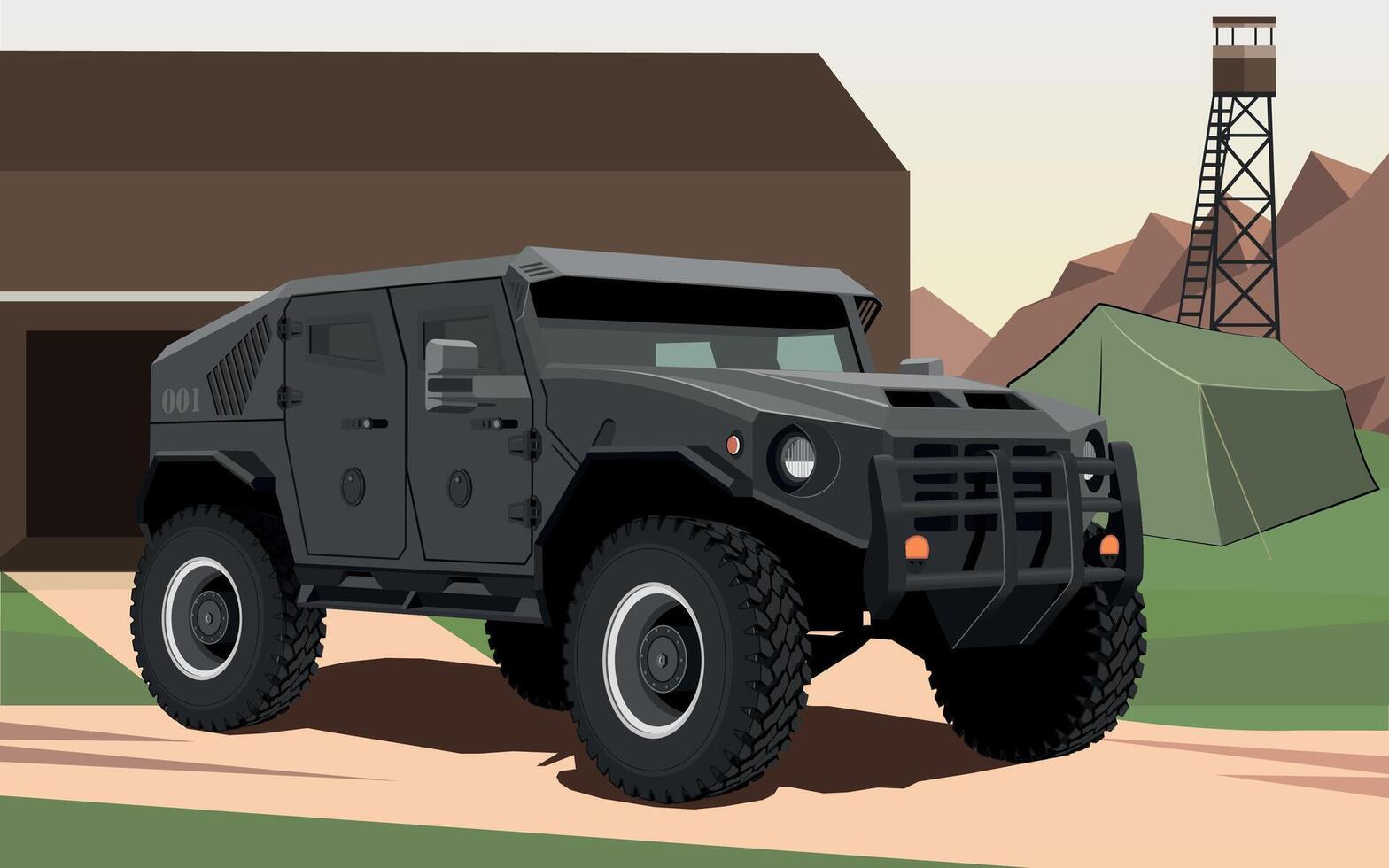 military armored army vehicle green color against the background of a military base vector