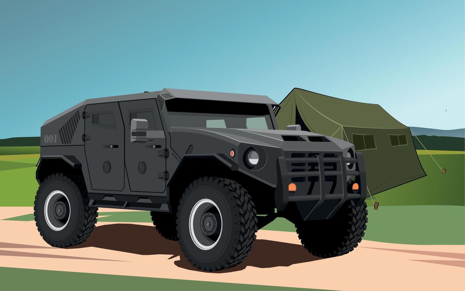 military armored vehicle green color against the background of a military base vector