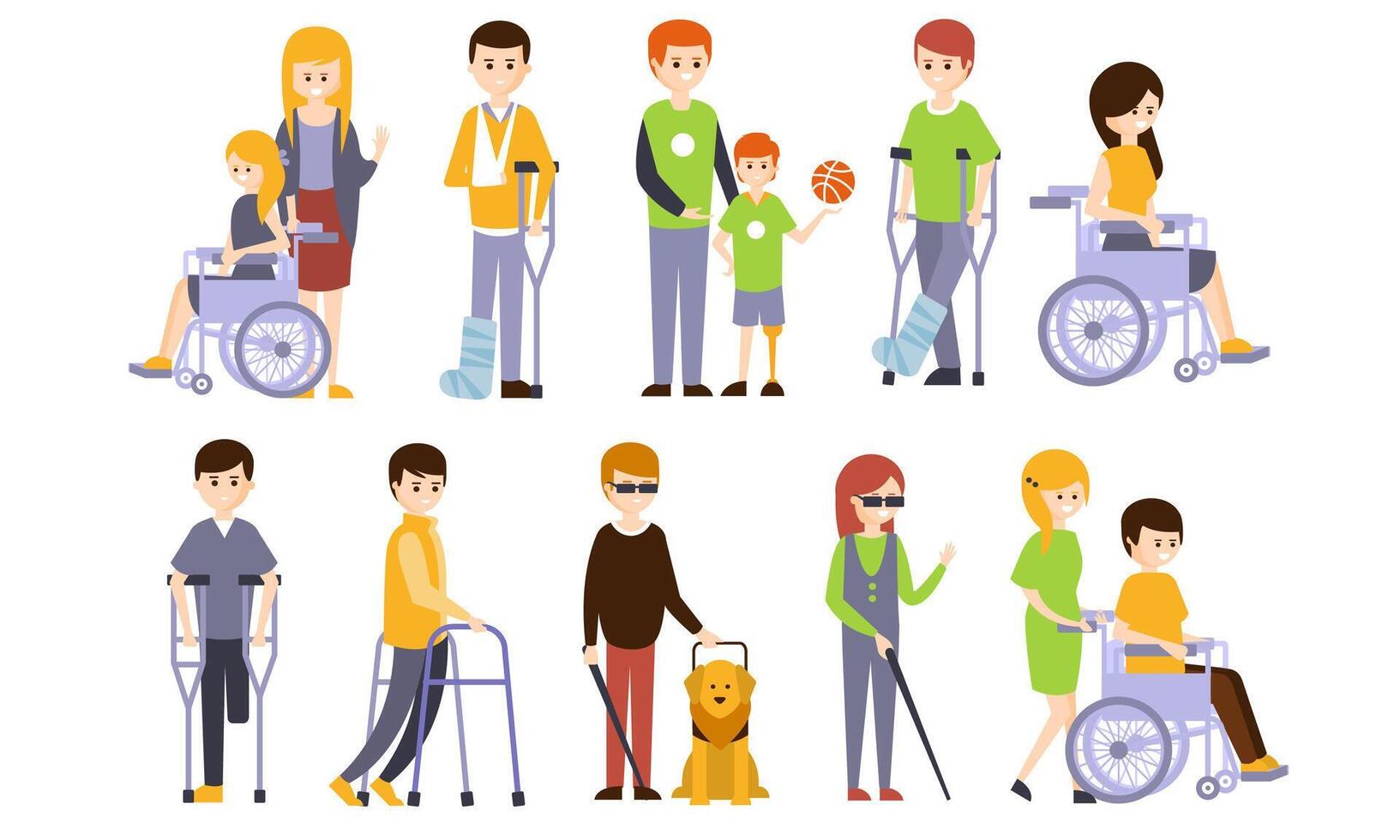 Disabled People Set, Blind, Deaf, Injured and Handicapped Persons with Friends Helping Them Illustration vector