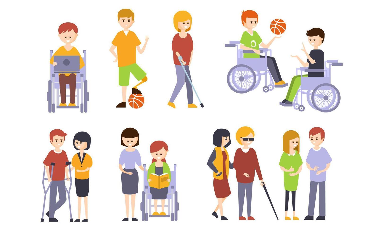 Disabled People Set, Blind, Deaf, Injured and Handicapped Persons Illustration vector