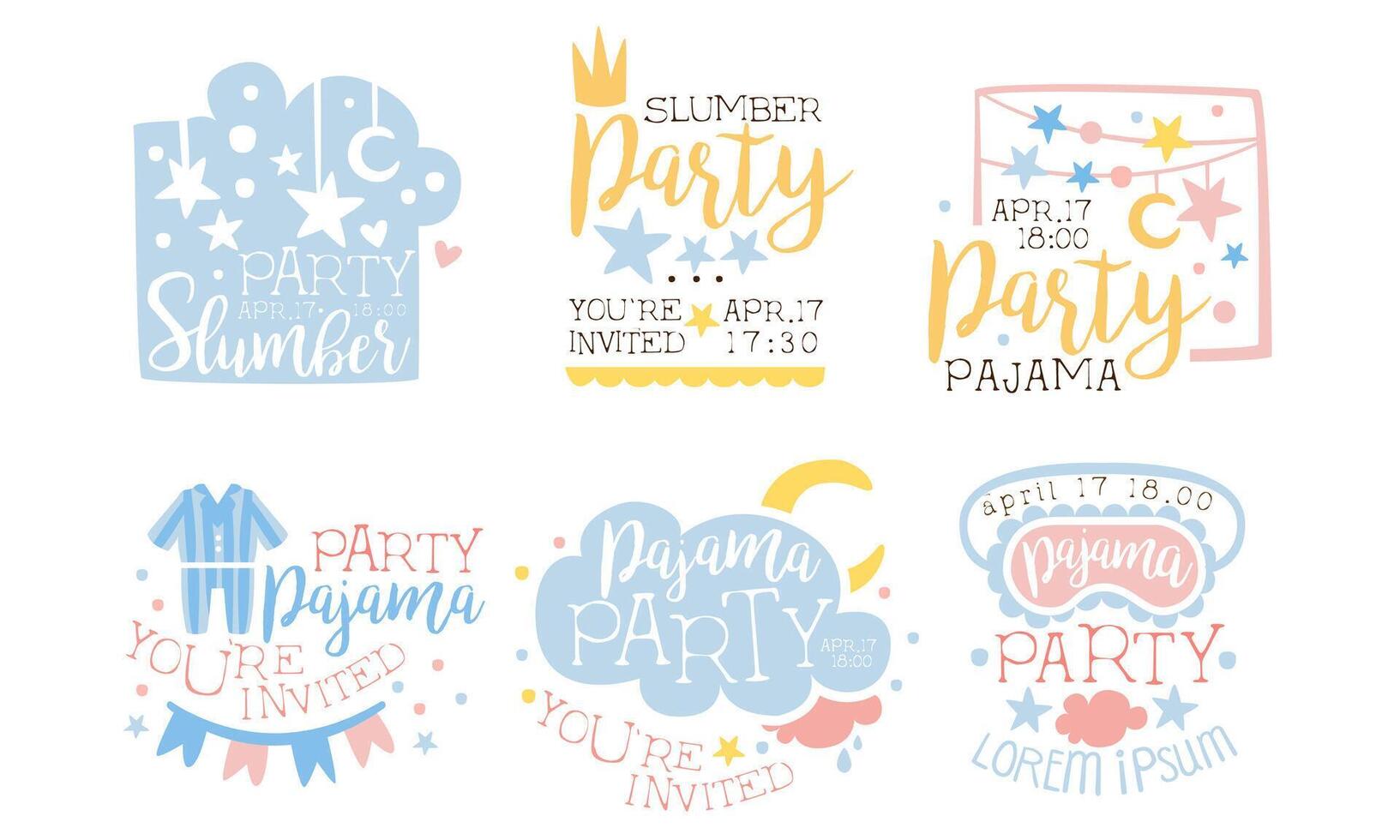 Pajama Party Invitation Card Templates Set, Slumber Party, You Are Invited Illustration vector