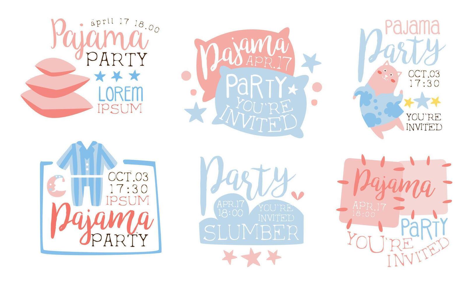 Pajama Party Invitation Card Templates Set, Slumber Party Cute Pink and Blue Labels Illustration vector